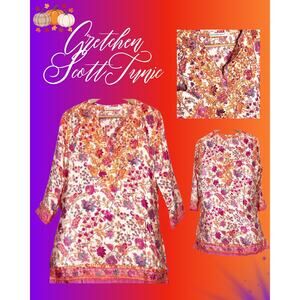 Gretchen Scott Soft Tunic Shirt Retired Pink Orange Boho Floral Embroidered Sz L